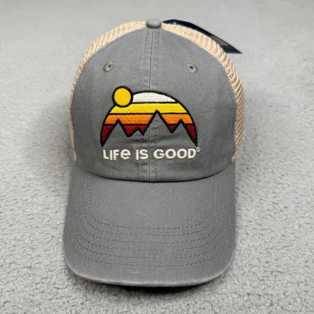 Life Is Good Hat Cap Retro Mountains Soft Mesh Snapback Gray Outdoors Hiking NWT